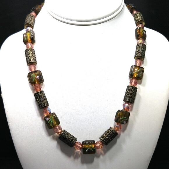 Handmade Art Bead Necklace,  Pink Czech Beads, Brass Barrel Bead, Handmade, 20" - Picture 1 of 8